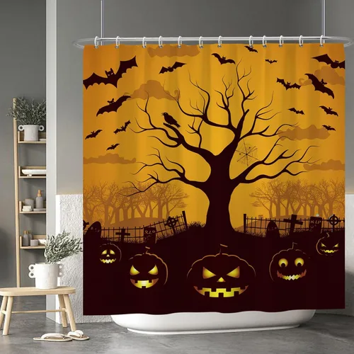 Miniatura 106 de Cortina de ducha de fantasma y gato negro para niños, 36 x 72 pulgadas, espeluznante y bonita, cortina de baño de Halloween con 6 ganchos, cortina