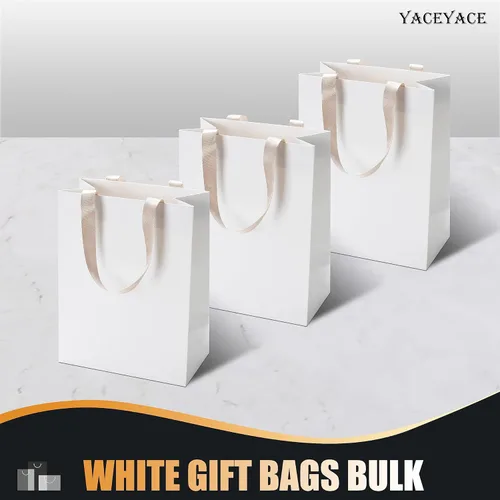 Miniatura 6 de Bolsas de regalo blancas, 10 bolsas de regalo de papel medianas de 8 x 4.25 x 10 pulgadas con asas, bolsa de compras de papel blanco a granel