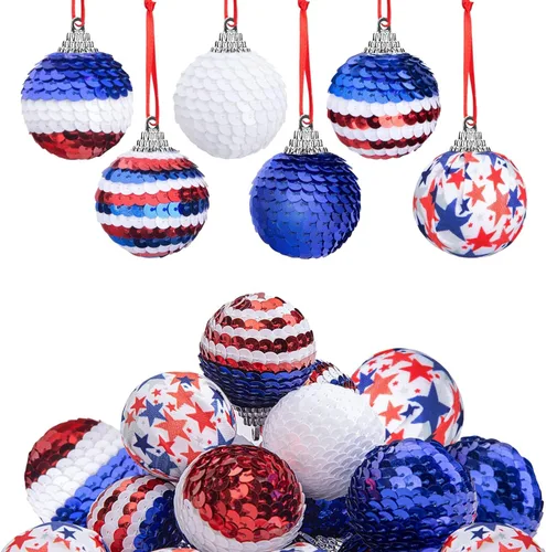 Deloky 24 bolas de lentejuelas para el Día de la Independencia, adornos patrióticos de 1.57 pulgadas, esferas colgantes, esferas colgantes, bolas de