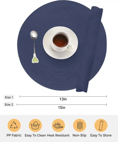 Miniatura 7 de Juego de 2 manteles individuales redondos de color azul sólido, lavables, tejidos, color azul oscuro, trenzados, resistentes al calor, para cocina