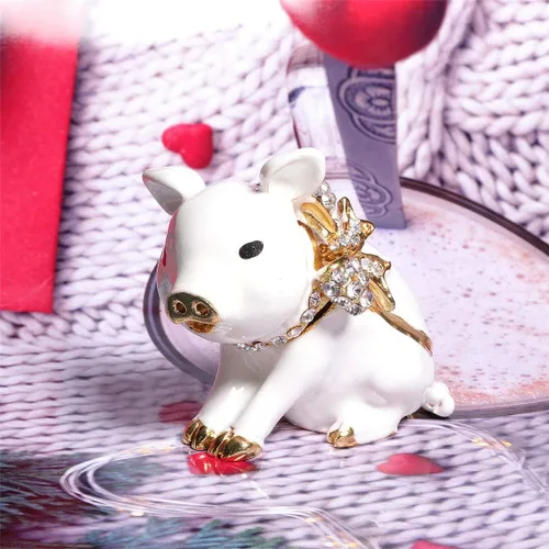 Miniatura 6 de Waltz&F Cerdo blanco con lazo hecho a mano estaño baratija caja de joyería soporte anillo figura decorativa coleccionable