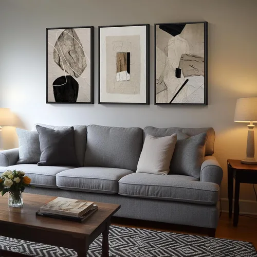 Miniatura 2 de Arte de pared abstracto neutro con marco grande para sala de estar, 3 piezas, impresiones modernas en lienzo para paredes, cuadros negros y beige