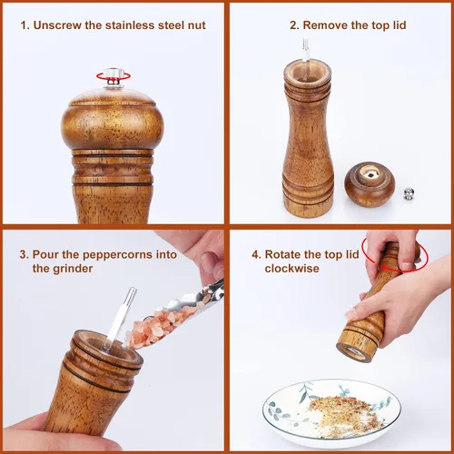 Miniatura 4 de Gulex® Molinillo de pimienta de madera, grosor ajustable, molinillo de pimienta de madera de 8 pulgadas, mecanismo de molienda de cerámica, molino
