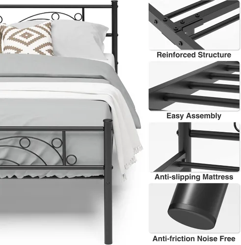 Miniatura 5 de Weehom Base de cama de metal con cabecero y estribo, no necesita somier, plataforma completa, color negro