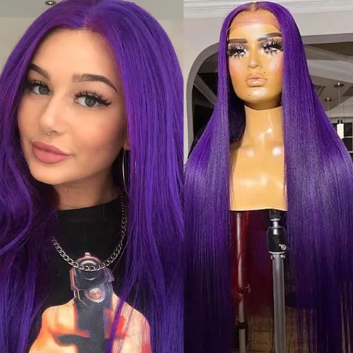 Miniatura 17 de Pelucas de encaje frontal color azul con encaje frontal, peluca para usar y llevar, sin pegamento, pelucas de cabello largo y lacio, pelucas