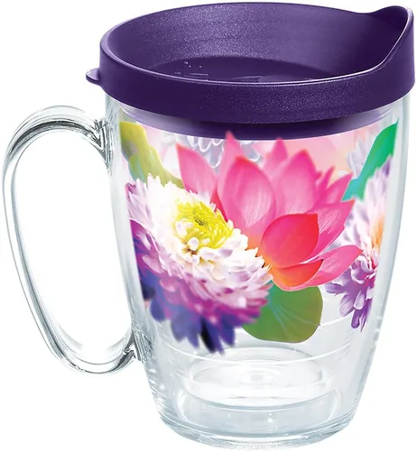 Tervis Vaso de plástico con filtro floral con envoltura y tapa púrpura real, taza de 16 onzas, transparente