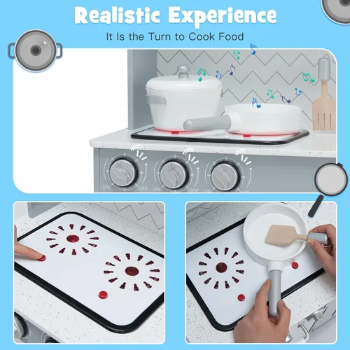 Miniatura 2 de KOTEK Juego de cocina de madera para niños pequeños con dispensador de agua y estufas/luces y sonidos, microondas, horno, teléfono y utensilios