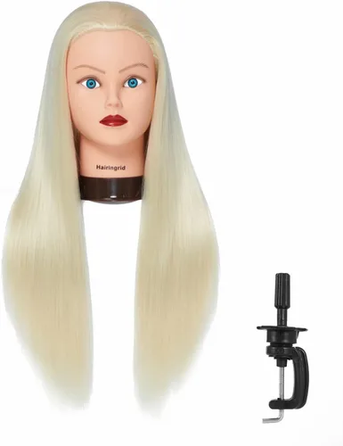 Miniatura 9 de Hairingrid Cabeza de maniquí de 26 a 28 pulgadas, para entrenamiento de peinado, cosmetología, cabeza de muñeca, pelo de fibra sintética y soporte