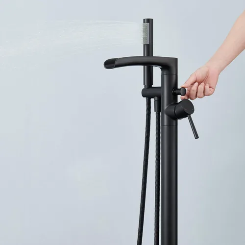 Miniatura 9 de Wowkk Grifo de Bañera Cascada Independiente Negro Montaje en Piso Relleno de Tina de Latón Grifo de Baño de Una Sola Manija con Ducha de Mano