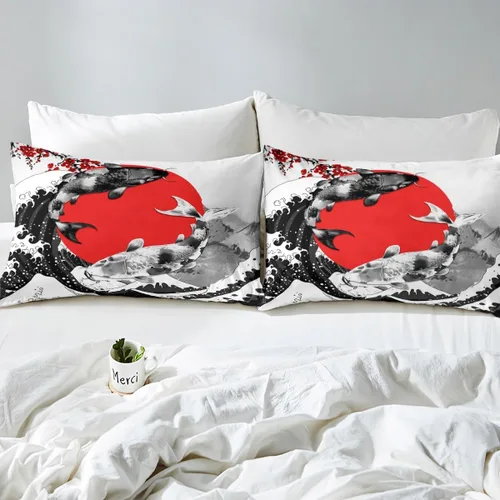 Miniatura 5 de Juego de sábanas estilo japonés Mount Fuji con diseño de peces koi, tema Ukiyo-E, sábana ajustable con pintura de tinta roja de cerezo de montaña