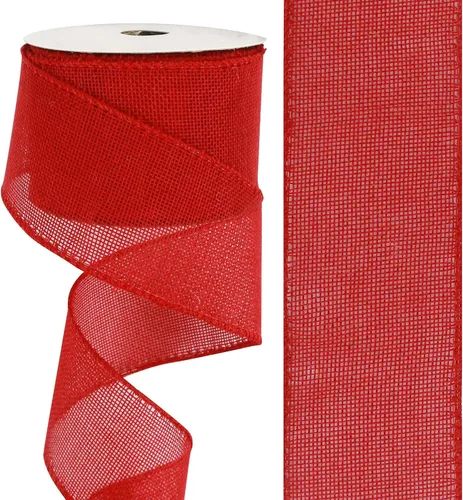 Miniatura 4 de HUIHUANG Cinta de arpillera roja con alambre de Navidad, cinta sólida con borde de alambre, cinta de yute de 2.5 pulgadas para coronas, lazos Rojo