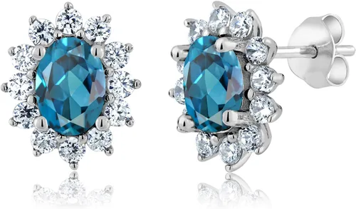 Miniatura 133 de Gem Stone King Aretes ovalados de plata de ley 925 de 0.276 x 0.197 in con piedra natal de la princesa Diana, estilo halo real para mujeres