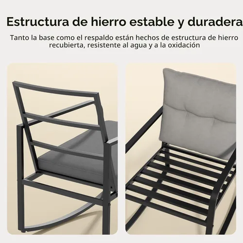 Miniatura 4 de Gizoon Juego de 3 piezas de muebles de patio de acero negro, juego de conversación de sillas de porche con mesa de café de cristal, cojín de Cojín