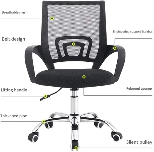 Miniatura 2 de Silla de oficina de malla con respaldo medio, ergonómica, giratoria de malla negra, brazos abatibles con soporte lumbar, altura ajustable (C)