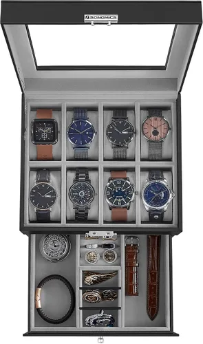 Miniatura 16 de SONGMICS UJWB012 - Caja de reloj de 12 ranuras, caja de reloj con cerradura con tapa de vidrio, 2 capas, con 1 cajón para anillos, pulseras, idea
