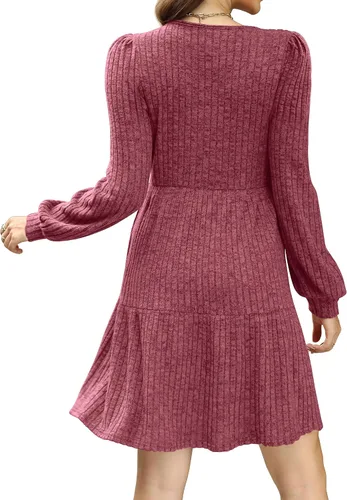 Miniatura 4 de SAMPEEL Vestido de otoño de manga larga con cuello cuadrado para mujer, vestido casual tipo babydoll