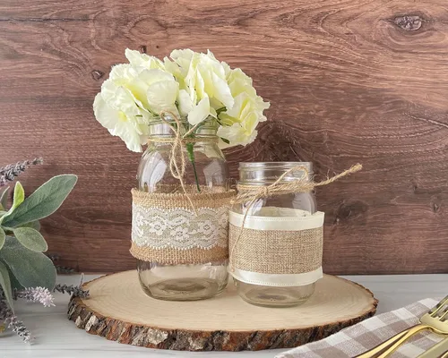 Miniatura 7 de Set of 12 Burlap and Lace Sleeves for Mason Jars, Sleeves and Twine ONLY, Jars NOT Included, Burlap Mason Jar Wraps, Shabby Chic Centerpieces for