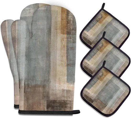 Miniatura 26 de MCALK Juego de 5 piezas de manoplas de horno geométricas grises y agarraderas, guantes de horno grises y almohadillas térmicas para cocinar