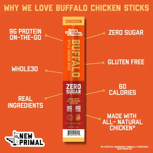 Miniatura 3 de The New Primal Buffalo Chicken Sticks, Keto, sin gluten, bocadillos saludables, sin azúcar, bajo en carbohidratos, alto en proteínas, charqui