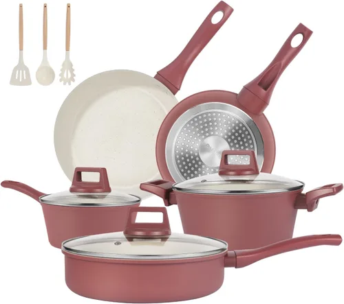 M MELENTA Juego de ollas y sartenes antiadherentes, juego de utensilios de cocina antiadherentes de inducción de 11 piezas, juego de cocina no