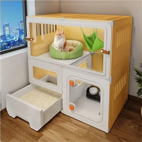 Jaula para gatos, casa de interior para gatos, casa de lujo para gatos de plástico con caja de arena, diseño de tres capas de dos capas, 27.6* 17.7*