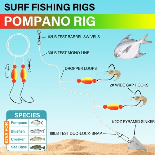 Miniatura 2 de Alwonder Paquete de 5 aparejos de pesca Pompano con flotadores Snell, aparejo giratorio de cebo vivo de agua salada, broches de presión de doble