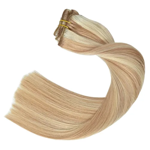 Miniatura 6 de UGOTRAYS Extensiones de cabello humano real de color rubio fresa a rubio decolorado, 12 pulgadas, lacio, doble trama, cabello Remy con clip, 2.47