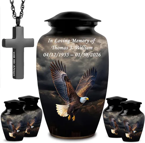 Personalized Custom American Eagle Urn Set of 6 - Hand-Engraved Black Eagle Urns for Human Ashes Adult Female & Male, Includes 1 Large Adult Urn