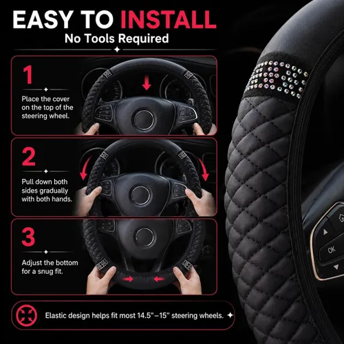 Miniatura 6 de Funda para volante de cuero suave brillante de 15 pulgadas con diamantes de imitación con brillos para mujeres y niñas – Accesorio elástico