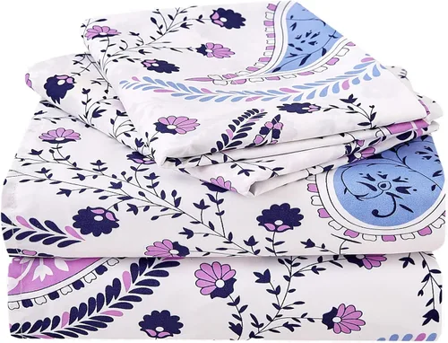 Miniatura 14 de JSD Juego de sábanas con estampado floral azul, tamaño Queen, 4 piezas, sábanas de microfibra con patrón suave, bolsillo extra profundo Sakura