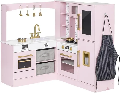 Miniatura 7 de Juego de cocina esquinera, cocina de madera con luces y sonidos, cocina grande con estufa, juguetes de cocina, microondas, horno, máquina de hielo