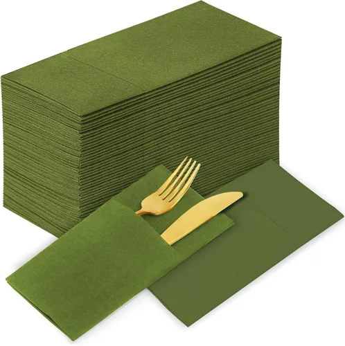 KAMMAK Servilletas Desechables Verde Matcha con Bolsillo Tipo Tela Servilletas de Papel para Cena Paquete de 100 Plegadas Servilleta de Recepción de