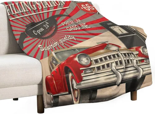 Miniatura 55 de Manta de motocicleta antigua, rústica y clásica, con temática de auto clásico, ruta de EE. UU., 66, patrón impreso, manta de franela súper suave