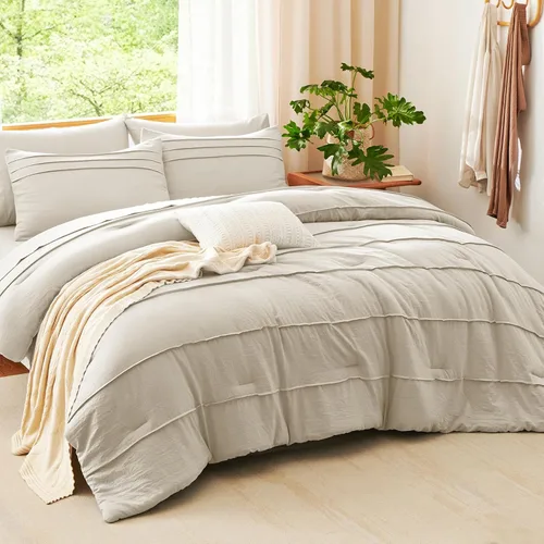 Miniatura 8 de CozyLux Juegos de Edredón Tamaño Full Beige, 7 Piezas Suave Plisado Pinch Pleat Cama en una Bolsa Juego de Edredón Full con Sábanas, Juego de Cama