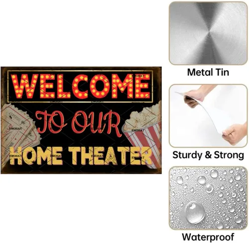 Miniatura 3 de EMOHAT Letrero de metal retro con texto en inglés "Welcome To Our Home Theater" (Bienvenido a nuestro cine en casa), póster de metal vintage