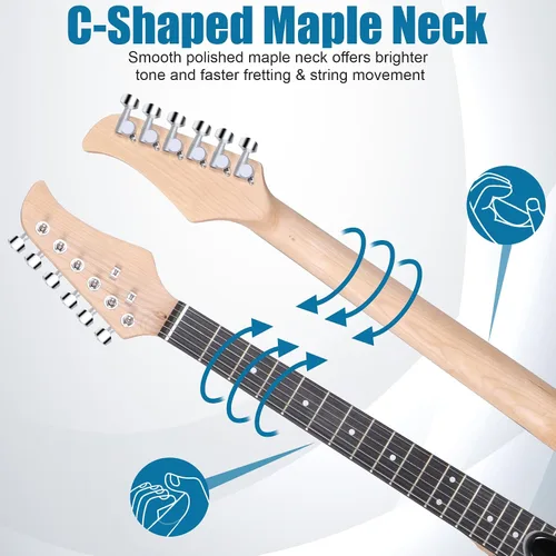 Miniatura 7 de Guitarra eléctrica de tamaño completo de 39 pulgadas, kit de iniciación para principiantes con amplificador de 10W, púas, cuerdas, barra de trémolo