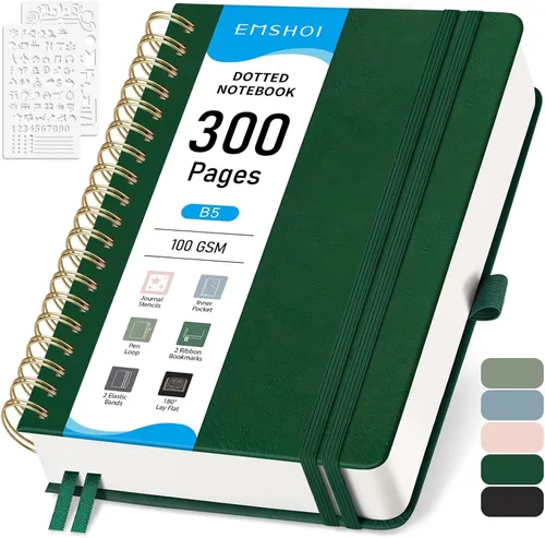 Miniatura 17 de EMSHOI Cuaderno de Espiral con Puntos para Bullet Journal - 300 Páginas, Cuero de Tapa Dura A4, Cuaderno de Cuadrícula de Puntos Gruesos de 100 GSM
