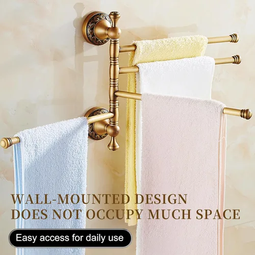 Miniatura 4 de Soporte de Toalla Plegable Montado en Pared para Baño, 4 Barras de Toalla con Patrón de Latón Antiguo Tallado, Bronce Cepillado