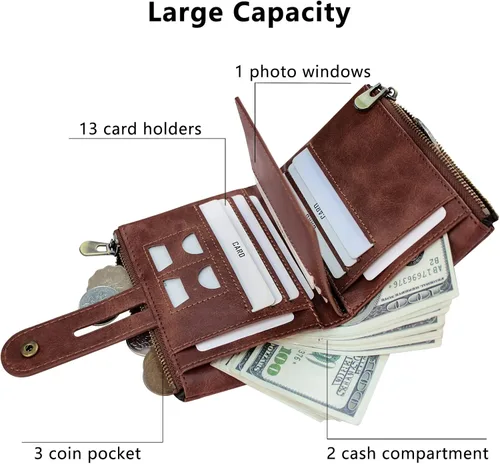 Miniatura 2 de iSamzan Billeteras de cuero para hombre, con bloqueo RFID, con doble cremallera, bolsillo para monedas con cadena antirrobo, carteras