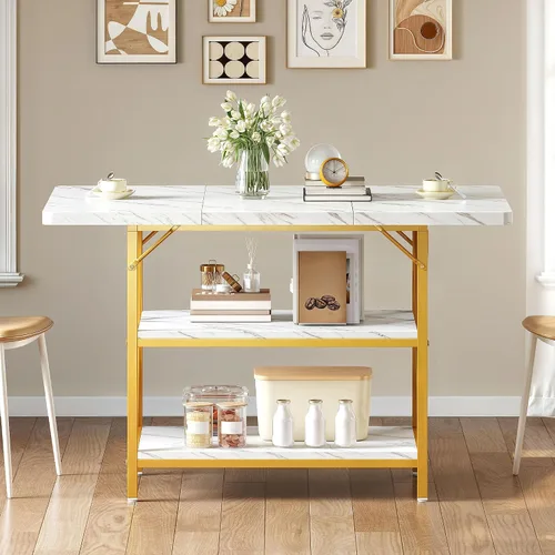 Miniatura 7 de DWVO Mesa de comedor rectangular de 47 pulgadas para 4 personas, mesa de cocina moderna de mármol blanco con estante de almacenamiento y patas