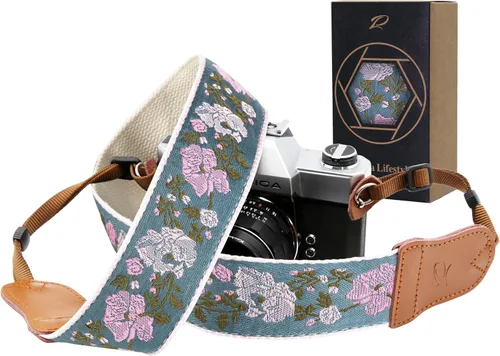 Miniatura 24 de Padwa Lifestyle Correa para cámara de flores marrones, correa de algodón de doble capa de piel de vaca de 2 pulgadas de ancho, bordado jacquard Flor