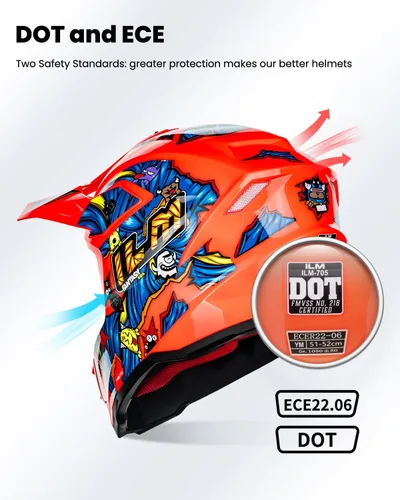 Miniatura 3 de ILM Casco ATV Juvenil para Niños Dirt Bike Motocross BMX Todoterreno Motocicleta Go Kart Casco DOT ECE Modelo Z705 (Naranja Fantasía, M)