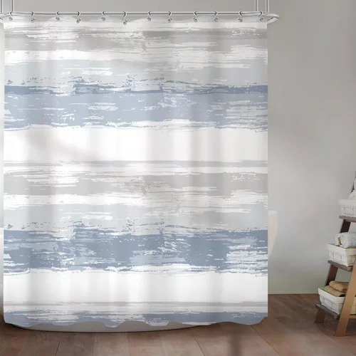 Miniatura 2 de KOMLLEX Cortina de ducha abstracta azul para decoración de baño, 72 pulgadas de ancho x 72 pulgadas de alto, moderna, a rayas blancas y grises