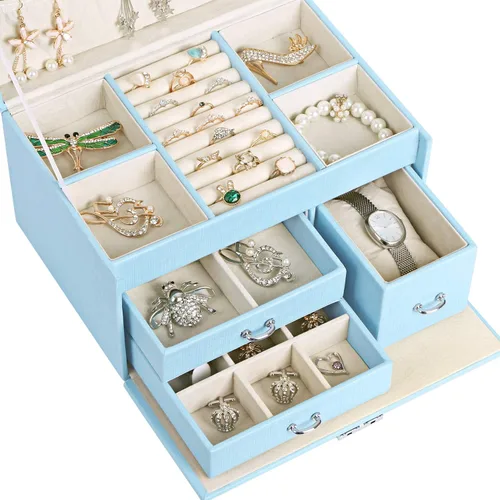 Miniatura 4 de BEWISHOME SSH78L - Joyero de 20 secciones para niñas, organizador de joyas con cerradura portátil para mujeres, niñas, niños, color azul