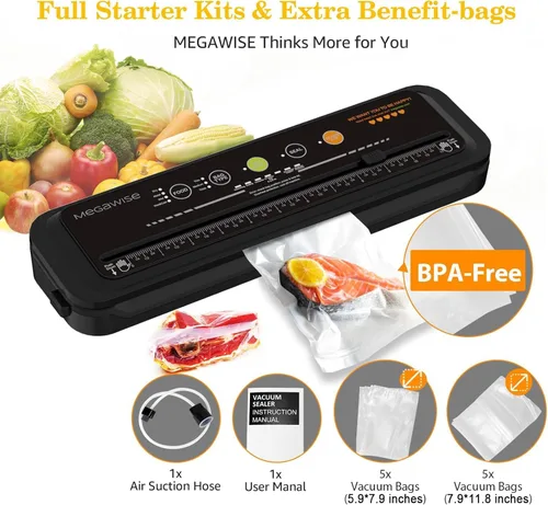 Miniatura 6 de Máquina selladora al vacío actualizada, sellador de alimentos MEGAWISE con kit de inicio (negro)