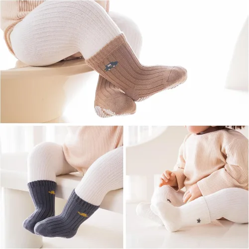 Miniatura 4 de J Poqobog - Calcetines de tripa para bebés, calcetines de algodón peinado con agarre para niños pequeños, sin deslizamiento/antideslizamiento
