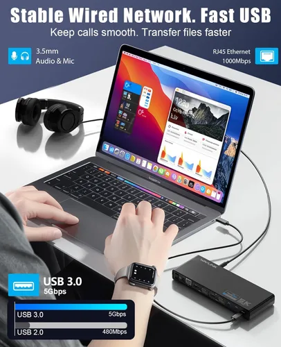 Miniatura 7 de WAVLINK Estación de acoplamiento universal Pro Dual 4K a 60Hz Base USB 3.0/USB-C para laptop Mac (M1-M5, Neo) y Windows 2 HDMI/DP, Gigabit