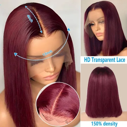 Miniatura 3 de 99J - Peluca de cabello humano color borgoña de 13 × 4, pelucas de encaje frontal HD, pelucas de cabello humano corto Bob peluca prearrancada