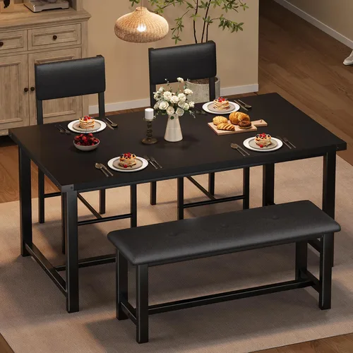 Miniatura 9 de Juego de mesa de comedor de madera Garvee para 4, mesa de cocina y 2 sillas tapizadas con banco, juego de comedor rectangular, para espacios Mármol