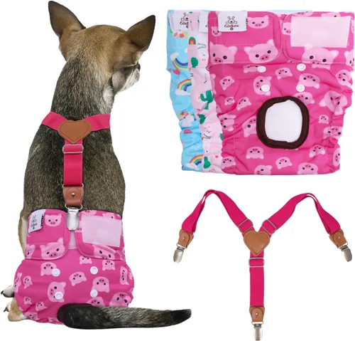 Miniatura 10 de CuteBone - Pañales para perros hembra, 3 unidades reutilizables con un suspender para perritas pequeñas, medianas y grandes, período BDD02S
